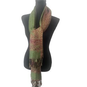 Paskmina Green & Rust Paisley Shawl Scarf Fringe Wrap Boho Elegant Classic 28x78